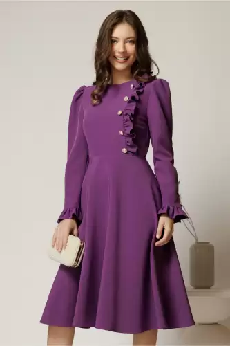 Rochie DY Fashion midi mov cu nasturi si volanase la bust