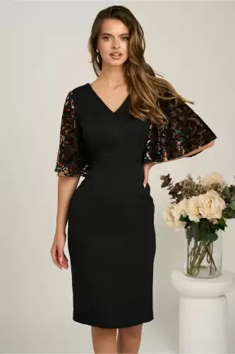 Rochie DY Fashion midi neagra din stofa conica cu maneci cu insertii catilefate maro