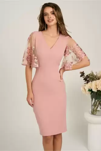 Rochie DY Fashion midi roz din stofa conica cu maneci din dantela