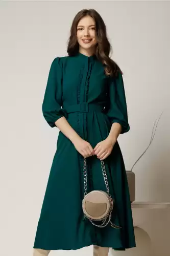 Rochie DY Fashion midi turcoaz cu maneci bufante si curea in talie