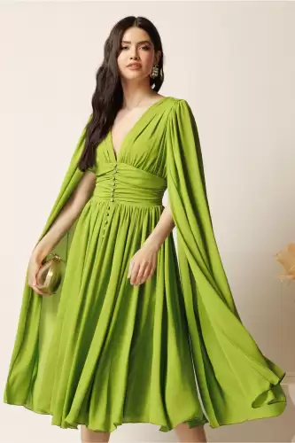 Rochie DY Fashion midi verde crud din voal in clos cu nasturi si maneci ample