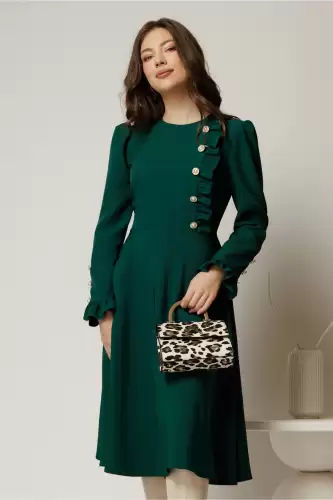 Rochie DY Fashion midi verde cu nasturi si volanase la bust