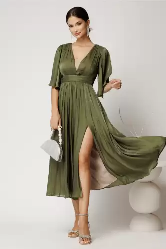 Rochie DY Fashion midi verde din voal in clos cu aspect sidefat si maneci sparte