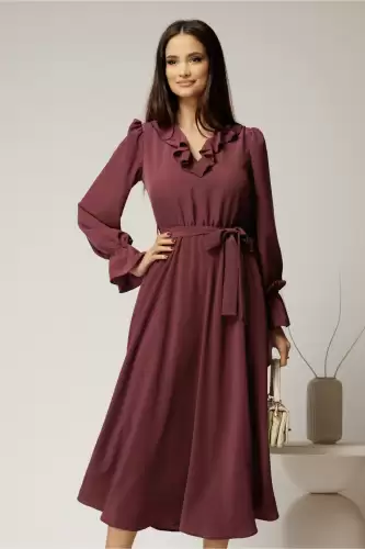 Rochie DY Fashion mov pruna din voal plin cu decolteu in V si volanase