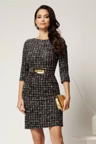 Rochie DY Fashion neagra din tweed cu catarama si strasuri in talie
