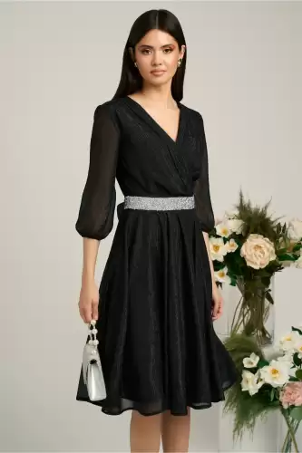 Rochie Dy Fashion neagra din voal cu fir stralucitor si cordon