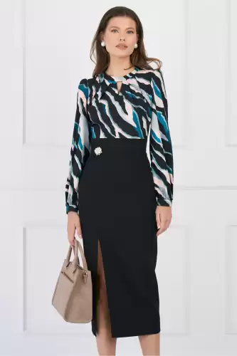 Rochie DY Fashion office cu bust din voal satinat cu print turcoaz si fusta neagra