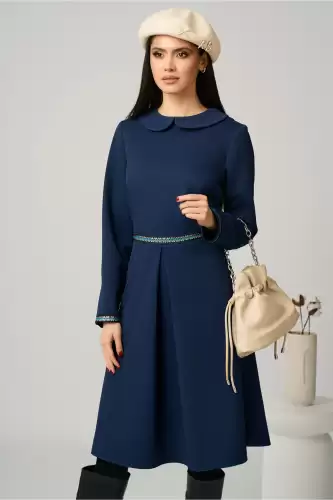 Rochie DY Fashion office din stofa bleumarin cu banda in talie