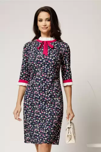 Rochie DY Fashion office din stofa bleumarin cu flori fucsia si mansete din poplin