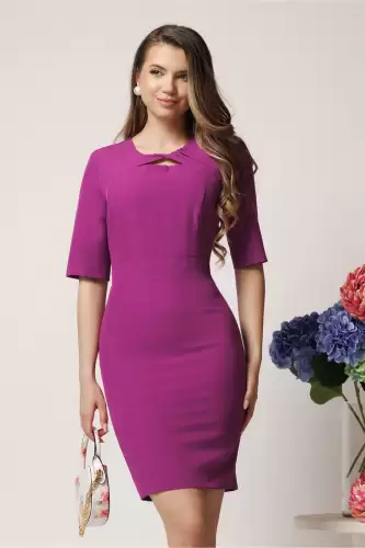 Rochie DY Fashion office din stofa lila cu decupaj si pliuri la bust