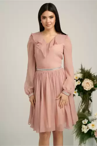 Rochie DY Fashion roz cu volan si strasuri