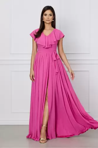 Rochie Dy Fashion roz lunga cu volan la bust si cordon in talie