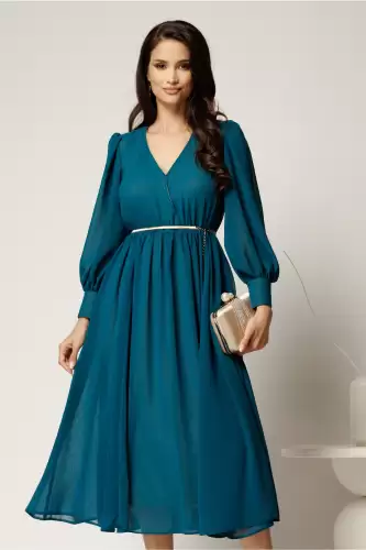 Rochie DY Fashion turcoaz din voal cu decolteu petrecut si curea in taIie