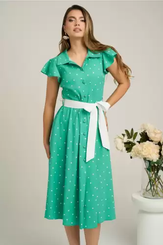 Rochie DY Fashion verde cu buline si cordon in talie