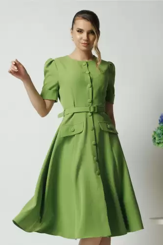 Rochie DY Fashion verde de zi cu nasturi si curea in talie