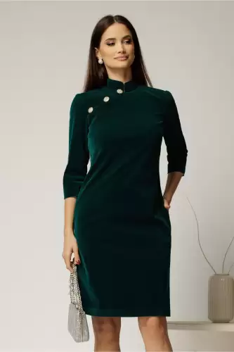 Rochie DY Fashion verde din catifea fixa cu guler tunica si nasturi
