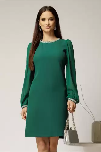 Rochie DY Fashion verde eleganta cu maneci din voal si aplicatii la decolteu