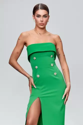 Rochie elegant verde midi cu volan la bust si slit pe picior