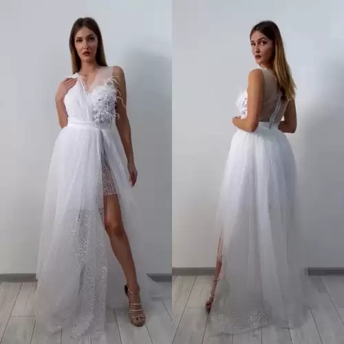 Rochie eleganta alba din tull si dantela