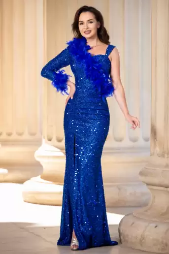 Rochie eleganta albastru royal Isabela cu fronseuri si insertie de fulgi