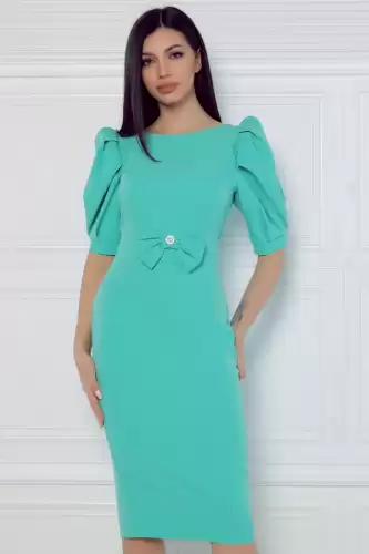 Rochie eleganta aqua cu funda la talie si maneca scurta bufanta