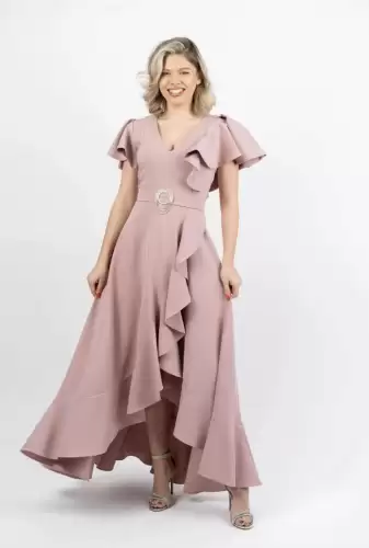 Rochie eleganta asimetrica roz pudra cu maneca scurta