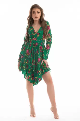 Rochie eleganta asimetrica verde cu imprimeu floral colorat