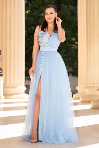 Rochie eleganta bleu din tulle Rain cu flori 3D
