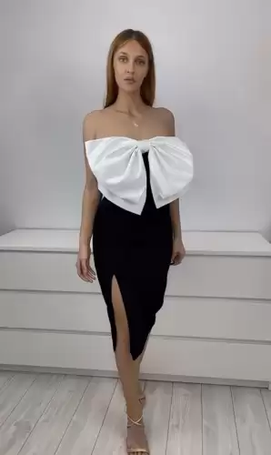 Rochie eleganta conica midi cu slit pe picior si funda mxi