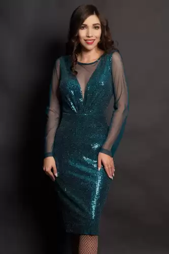 Rochie eleganta de ocazie Celeste cu paiete verzi si maneci din tulle