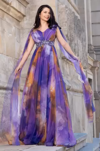 Rochie eleganta de seara Alessandra cu imprimeu tip pictura mov