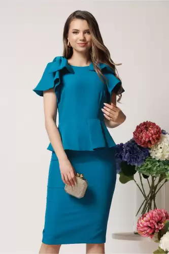Rochie eleganta din stofa albastru petrol cu funde pe umeri si peplum in talie