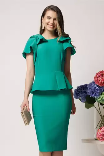Rochie eleganta din stofa verde cu funde pe umeri si peplum in talie