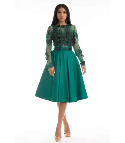 Rochie eleganta din tafta de culoare verde cu broderie florala 3D in partea superioara