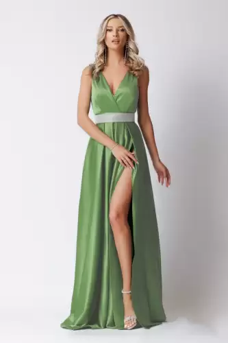 Rochie eleganta din tafta fistic cu slit pe picior si decolteu in V