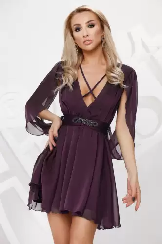 Rochie eleganta din voal cu maneci sparte si accesoriu la talie