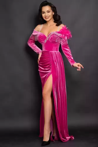 Rochie eleganta lunga Alizee magenta din catifea cu strassuri argintii