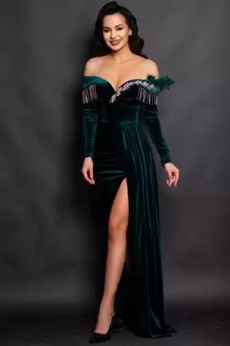 Rochie eleganta lunga Alizee verde din catifea cu strassuri argintii