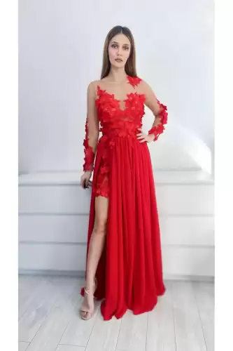 Rochie eleganta lunga cu broderie florala 3d