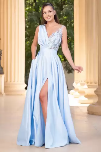 Rochie eleganta lunga din tafta bleu Saturn cu flori 3D