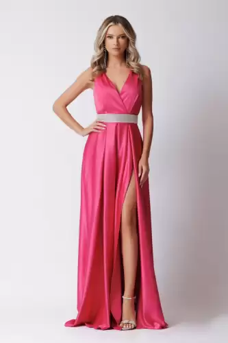 Rochie eleganta lunga din tafta cu slit pe picior si centura cu detalii