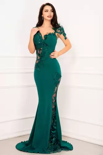 Rochie eleganta lunga Esther de seara verde cu flori brodate si fulgi