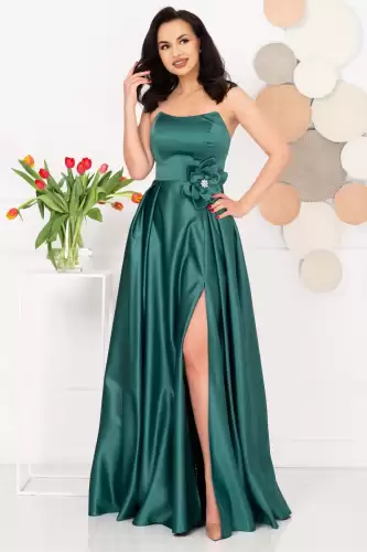 Rochie eleganta lunga verde Lorelai din tafta cu floare 3D