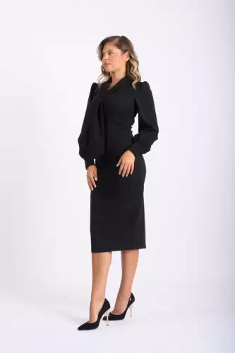 Rochie eleganta neagra cu lungime midi si maneca lunga