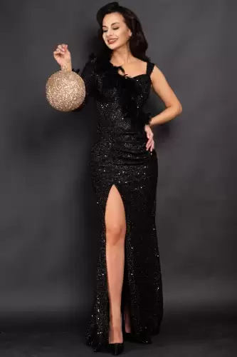 Rochie eleganta neagra Isabela cu fronseuri si insertie de fulgi