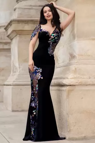 Rochie eleganta neagra Kany cu model din paiete si flori pastelate