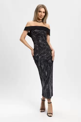 Rochie eleganta neagra midi cu broderie pretioasa