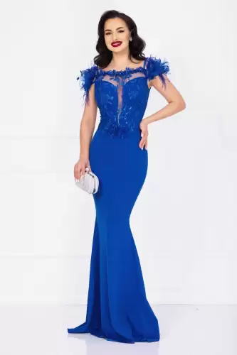 Rochie eleganta Noely albastru royal cu broderie pretioasa si fulgi