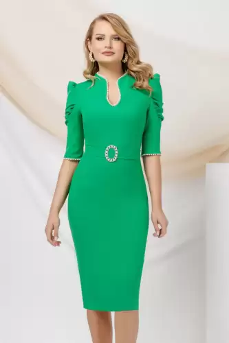 Rochie eleganta Pretty Girl tip creion verde cu perlute decorative
