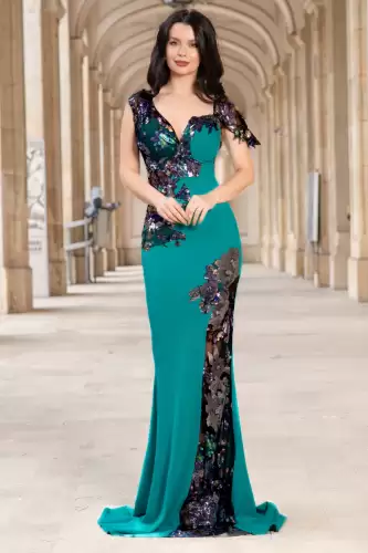 Rochie eleganta tip sirena Kany aqua cu model din paiete si flori pastelate